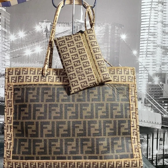 Authentic Rare FENDI Brown Monogram Tote with Matching Pouch - Picture 5 of 16